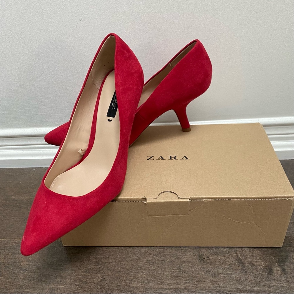 NIB Zara Red Suede Asymmetrical Heel Pumps